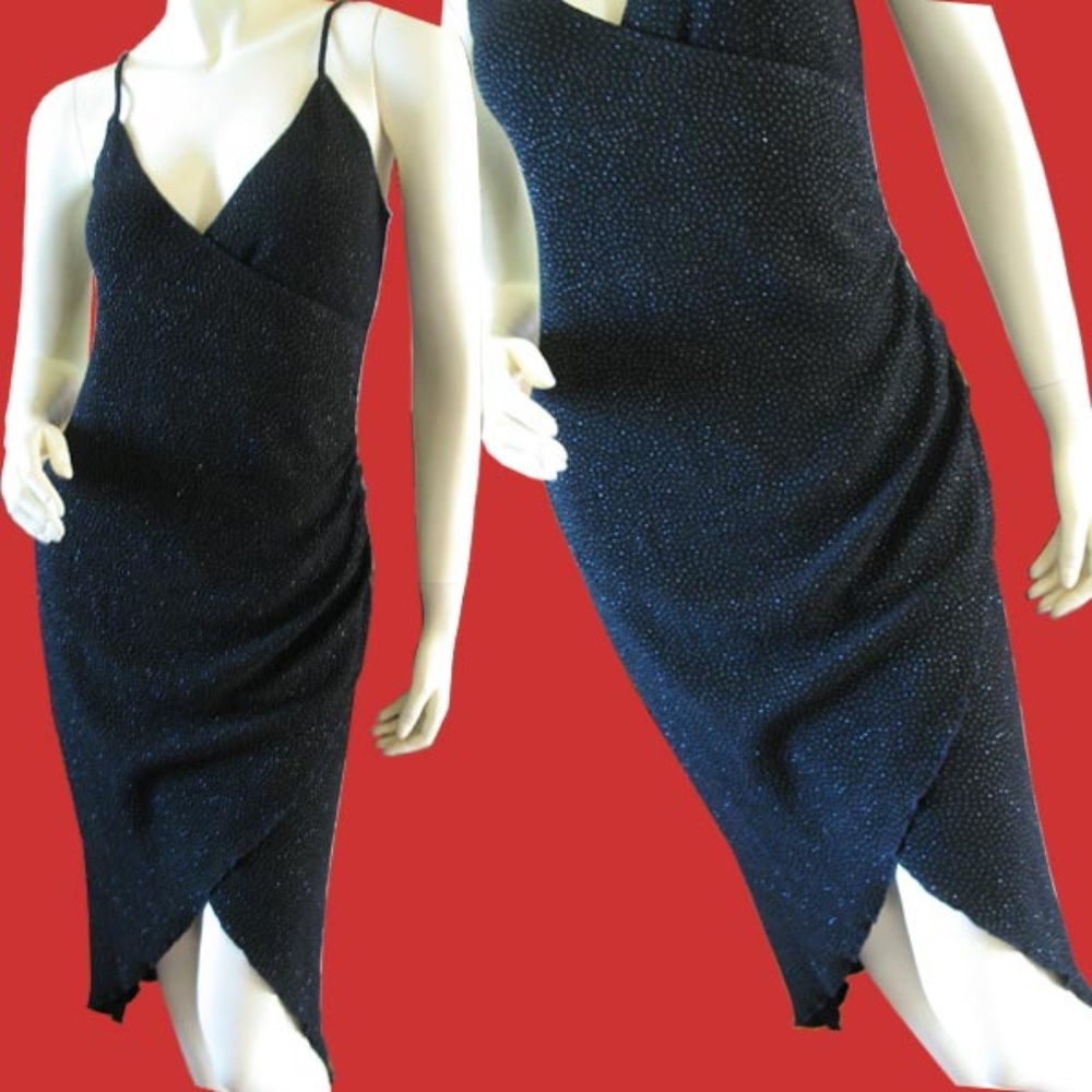 Vintage Y2K Womens Black Sparkly Galaxy Glitter Dress M Bodycon High Low Sheath